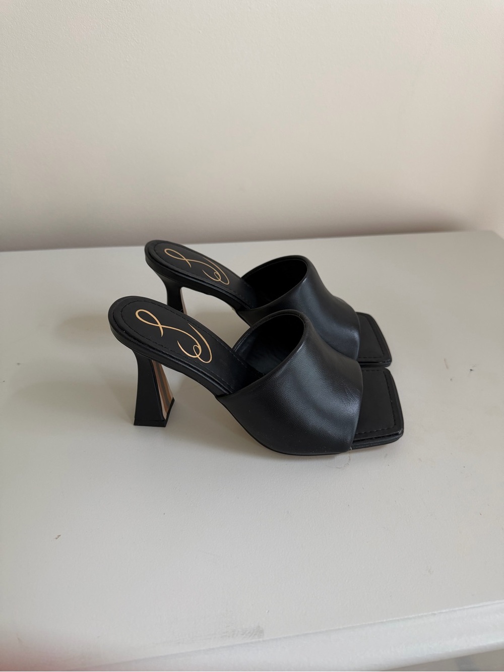 Delman Black Square-Toe Mule Heels